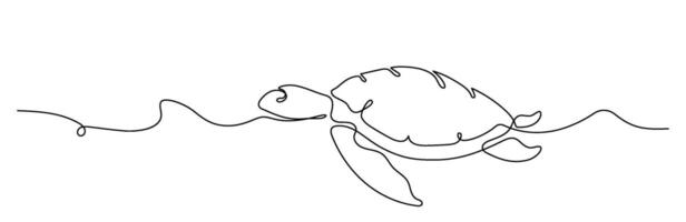 mar Tortuga uno línea Arte dibujo nadando en el Oceano mínimo resumen contorno frontera o divisor vector