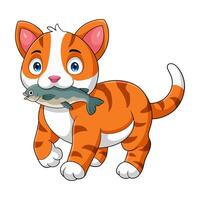 dibujos animados naranja gato trae un pescado vector