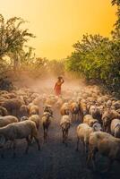 un local mujer y un grande oveja rebaño volviendo a el granero en el atardecer, después un día de alimentación en el montañas en ninh Thuan provincia, Vietnam. foto