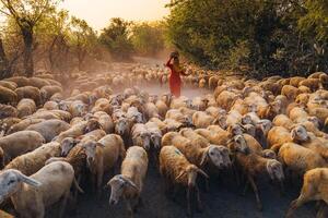 un local mujer y un grande oveja rebaño volviendo a el granero en el atardecer, después un día de alimentación en el montañas en ninh Thuan provincia, Vietnam. foto