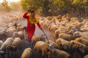 un local mujer y un grande oveja rebaño volviendo a el granero en el atardecer, después un día de alimentación en el montañas en ninh Thuan provincia, Vietnam. foto