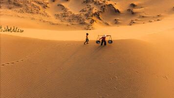 Aerial view of a peasant woman carries a bamboo frame on the shoulder across sand dunes in Ninh Thuan province, Vietnam. It is one of the most beautiful places in Vietnam photo