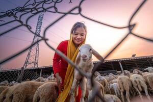 vietnamita mujer con Cordero en un campo, un oveja granja en el estepa zona en ninh Thuan provincia, Vietnam. foto