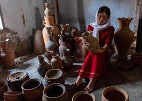 portrait of Cham ethnic girl in Bau Truc pottery village, Phan Rang city, Ninh Thuan province, Vietnam photo