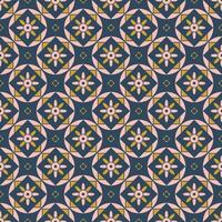 Geometric pattern with flat flowers and geometric shapes in deep blue and mustard colors vector
