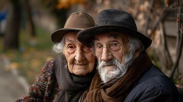 retrato de un Pareja de dos antiguo personas de Jubilación edad. foto