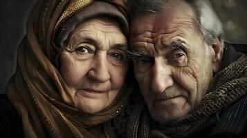 retrato de un Pareja de dos antiguo personas de Jubilación edad. foto