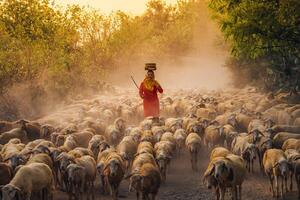 A local woman and a large sheep flock returning to the barn in the sunset, after a day of feeding in the mountains in Ninh Thuan Province, Vietnam. photo