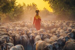 A local woman and a large sheep flock returning to the barn in the sunset, after a day of feeding in the mountains in Ninh Thuan Province, Vietnam. photo