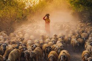 A local woman and a large sheep flock returning to the barn in the sunset, after a day of feeding in the mountains in Ninh Thuan Province, Vietnam. photo