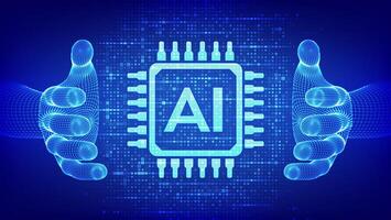 AI. Artificial intelligence. AI icon made with binary code in wireframe hands. Binary data and streaming digital code background. Matrix background with digits 1.0. illustration. vector