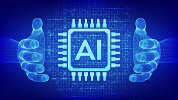 AI. Artificial intelligence. AI icon made with binary code in wireframe hands. Binary data and streaming digital code background. Matrix background with digits 1.0. illustration. vector
