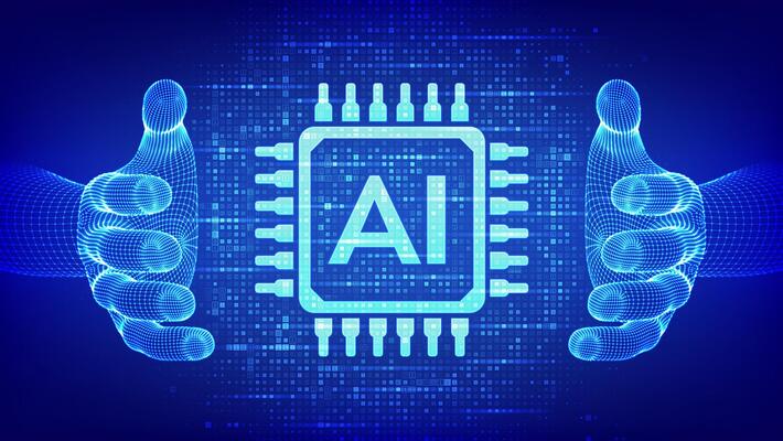 AI. Artificial intelligence. AI icon made with binary code in wireframe hands. Binary data and streaming digital code background. Matrix background with digits 1.0. illustration.