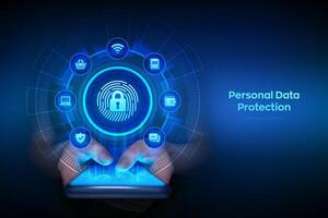 personal datos proteccion negocio concepto en virtual pantalla. ciber seguridad. huella dactilar con candado icono. privado seguro y seguridad. teléfono inteligente en manos. utilizando teléfono inteligente ilustración. vector