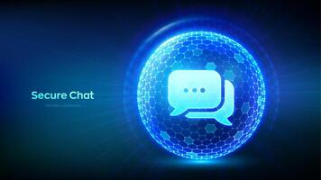 Secure chat. Private data protection. Chatting, message box. Protected social network communication concept. Abstract 3D sphere with surface of hexagons with speech bubble icons. illustration. vector