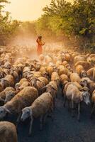 un local mujer y un grande oveja rebaño volviendo a el granero en el atardecer, después un día de alimentación en el montañas en ninh Thuan provincia, Vietnam. foto