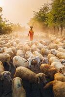 un local mujer y un grande oveja rebaño volviendo a el granero en el atardecer, después un día de alimentación en el montañas en ninh Thuan provincia, Vietnam. foto