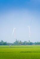 ver de turbina verde energía electricidad, molino para eléctrico poder producción, viento turbinas generando electricidad en arroz campo a phan sonó, ninh Thuan provincia, Vietnam foto