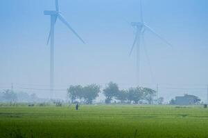 ver de turbina verde energía electricidad, molino para eléctrico poder producción, viento turbinas generando electricidad en arroz campo a phan sonó, ninh Thuan provincia, Vietnam foto