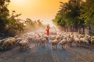 un local mujer y un grande oveja rebaño volviendo a el granero en el atardecer, después un día de alimentación en el montañas en ninh Thuan provincia, Vietnam. foto