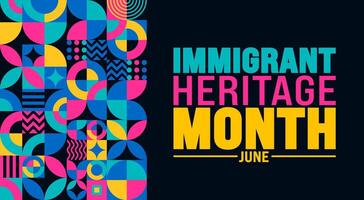 junio es inmigrante patrimonio mes antecedentes diseño modelo. fiesta concepto. utilizar a fondo, bandera, cartel, tarjeta, y póster diseño modelo con texto inscripción. vector