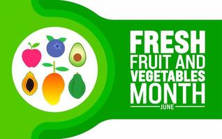 junio es Fresco Fruta y vegetales mes antecedentes modelo. fiesta concepto. utilizar a fondo, bandera, cartel, tarjeta, y póster diseño modelo con texto inscripción y estándar color. vector