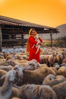 vietnamita mujer con Cordero en un campo, un oveja granja en el estepa zona en ninh Thuan provincia, Vietnam. foto