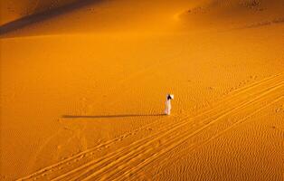 Aerial view of Vietnamese woman wearing ao dai dress across sand dunes in Ninh Thuan province, Vietnam. It is one of the most beautiful places in Vietnam photo