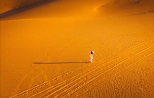 Aerial view of Vietnamese woman wearing ao dai dress across sand dunes in Ninh Thuan province, Vietnam. It is one of the most beautiful places in Vietnam photo