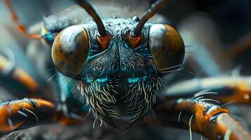 Macro photograph of an insect with legs, antennae and eyes. photo