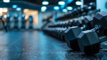 Gym with dumbbells, barbells, treadmills and other equipment photo