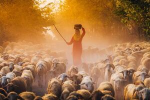 A local woman and a large sheep flock returning to the barn in the sunset, after a day of feeding in the mountains in Ninh Thuan Province, Vietnam. photo