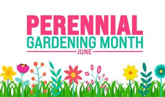 junio es perenne jardinería mes antecedentes modelo. fiesta concepto. utilizar a fondo, bandera, cartel, tarjeta, y póster diseño modelo con texto inscripción y estándar color vector