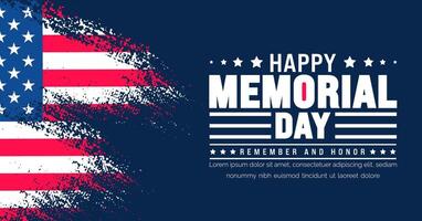 Happy Memorial Day Remember and Honor typography with paint brush stroke background template. American national holiday with USA flag banner design. Memorial Day background with USA flag banner design vector