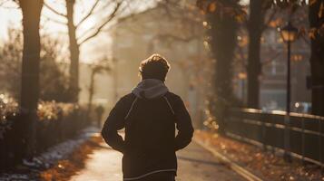 A man on a jog in the park at morning sunrise photo