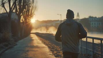 A man on a jog in the park at morning sunrise photo