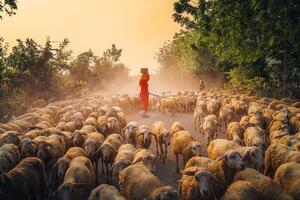 un local mujer y un grande oveja rebaño volviendo a el granero en el atardecer, después un día de alimentación en el montañas en ninh Thuan provincia, Vietnam. foto