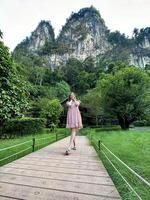 Young woman in a pink floral dress enjoying a tranquil walk on a wooden bridge at a mountain resort, surrounded by lush greenery photo