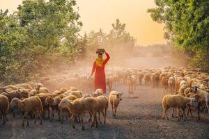 un local mujer y un grande oveja rebaño volviendo a el granero en el atardecer, después un día de alimentación en el montañas en ninh Thuan provincia, Vietnam. foto