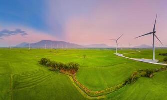 ver de turbina verde energía electricidad, molino para eléctrico poder producción, viento turbinas generando electricidad en arroz campo a phan sonó, ninh Thuan provincia, Vietnam foto