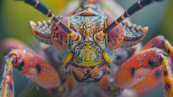 macro fotografía de un insecto con piernas, antenas y ojos. foto