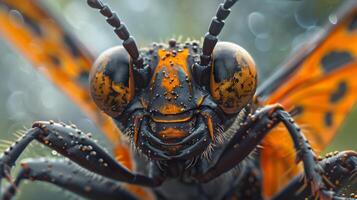 macro fotografía de un insecto con piernas, antenas y ojos. foto