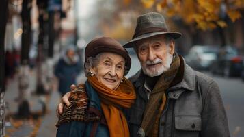 retrato de un Pareja de dos antiguo personas de Jubilación edad. foto