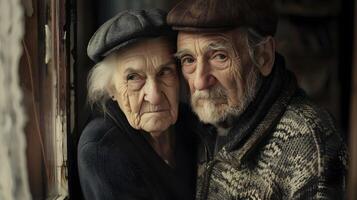 retrato de un Pareja de dos antiguo personas de Jubilación edad. foto