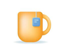 Yellow Cup of tea icon isolated on white background. 3d Mug with tea bag. Tea time, breakfast concept. vector