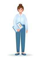 Smiling Young girl in formal clothing with documents. 3d Realistic cartoon character business woman or office worker. vector