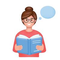 Smiling Young woman reading book. 3d Education, studying, learning, knowledge, examination concept. vector