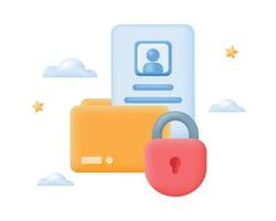 Data security and privacy 3d concept. Safe confidential information. Folder with Identification Document and Padlock. vector