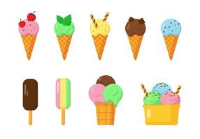 Set of different kinds of ice cream isolated on white background. Horns and waffle cups. Sweet cold desserts. vector