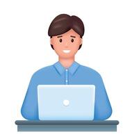 Smiling Young businessman, student or freelancer with laptop. 3d male character. vector